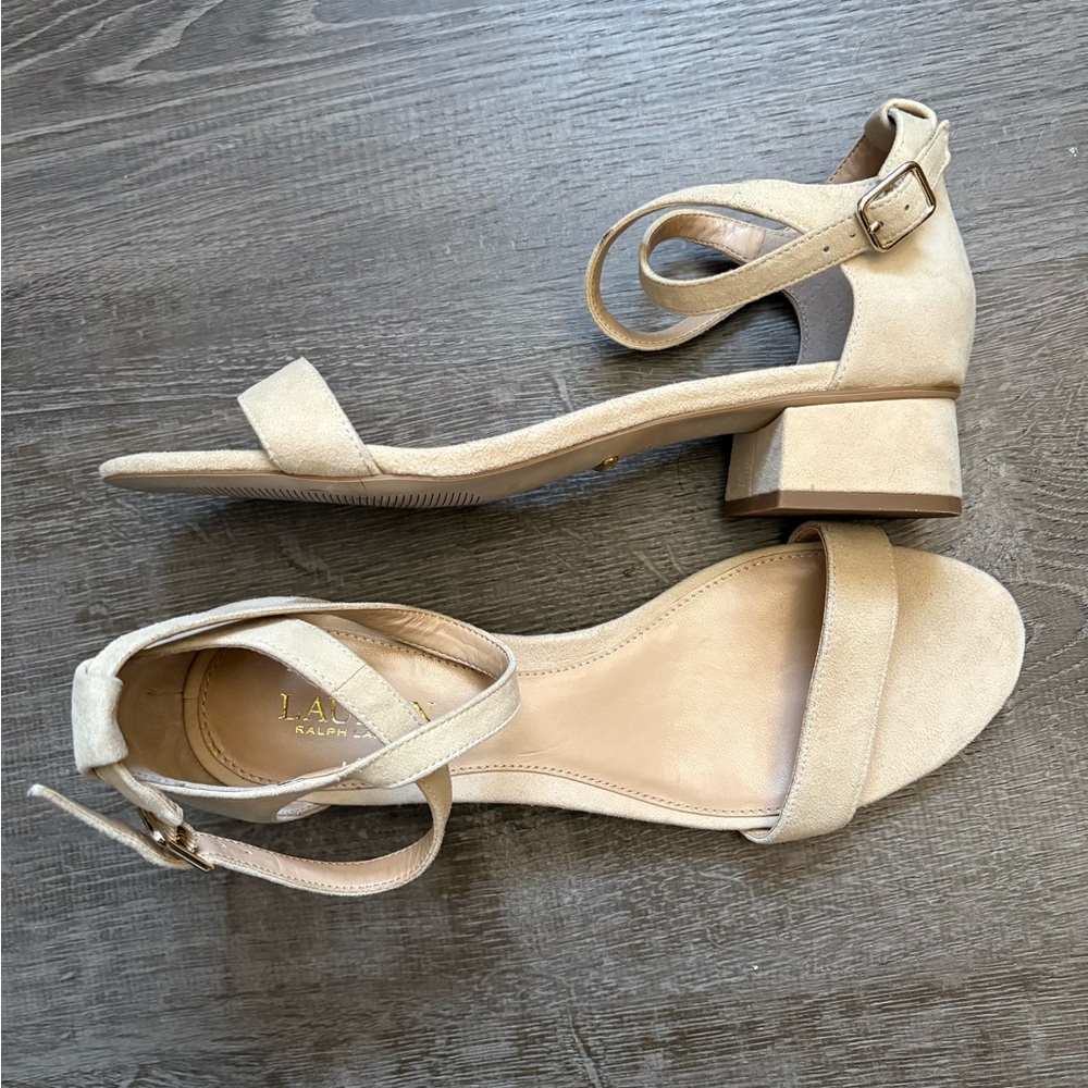 Lauren Ralph Lauren nude suede low black heeled sandals NWOT 9.5 - Picture 6 of 6